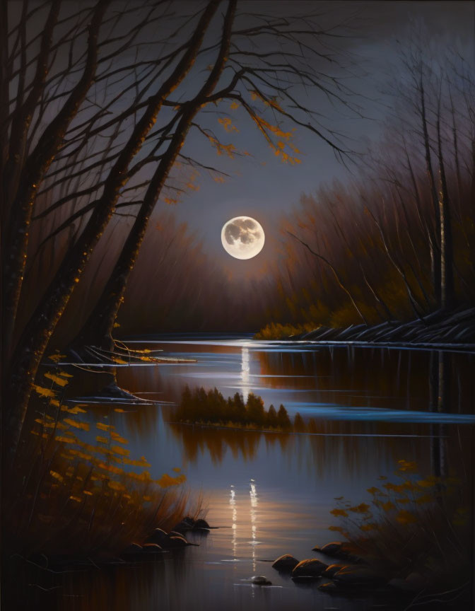 Full Moon Serene Nocturnal Landscape with Lake and Trees