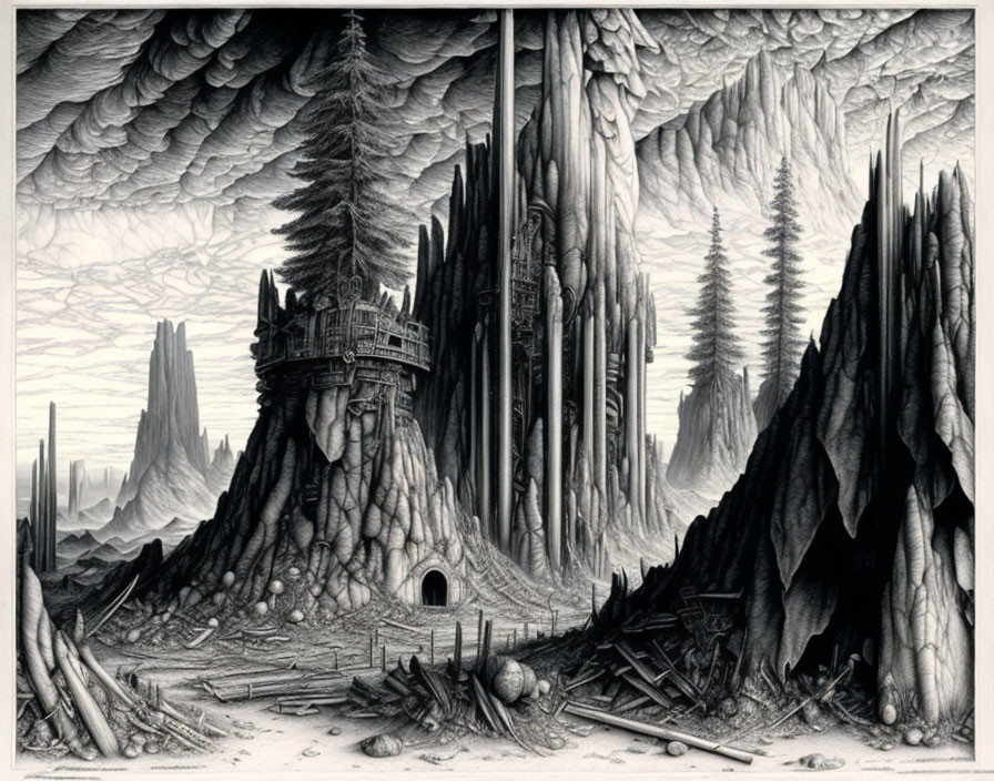 Monochrome fantasy landscape with castle, pines, mountains.