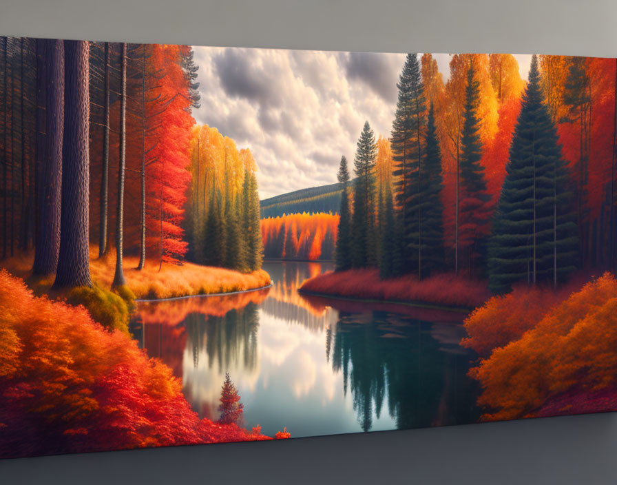 Scenic autumn forest with red and orange foliage by a river under cloudy sky