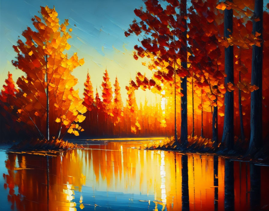 Vibrant oil painting: Forest with golden-red foliage, river reflection at sunset