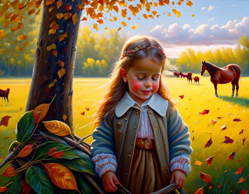 Young girl with horses in autumnal pastoral scene.