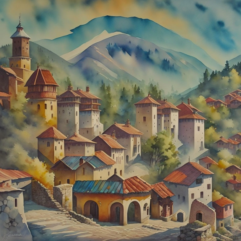 Idyllic Mountain Village Watercolor Painting