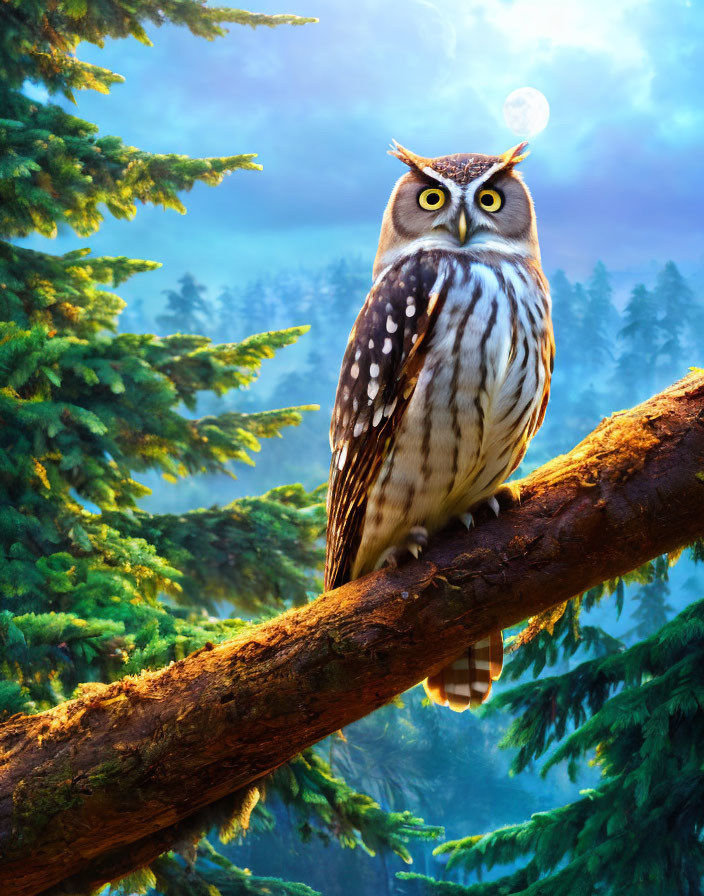 Majestic owl on tree branch in misty moonlit forest