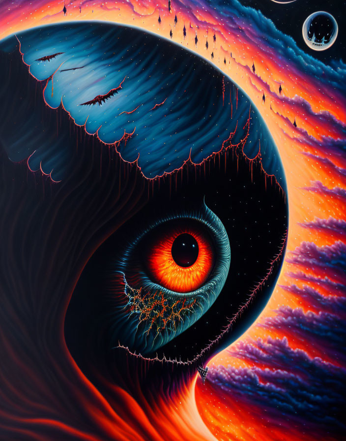 Surreal painting: Giant eye in cosmic wave with galaxies and crescent moon