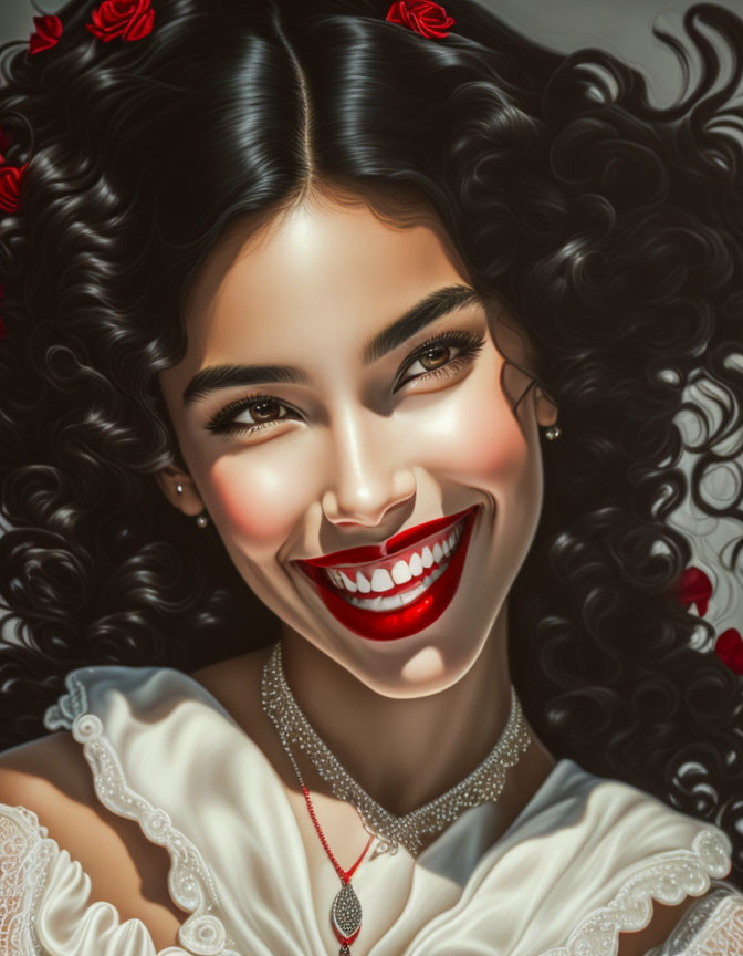 Digital artwork: Woman with bright smile, curly hair, red roses, white dress, red necklace