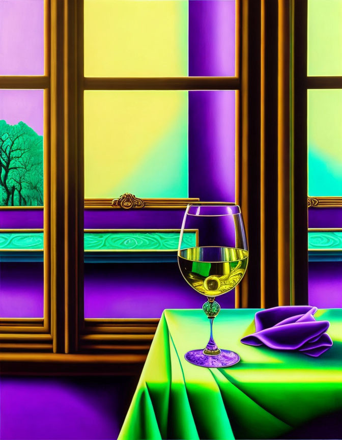 Colorful digital artwork: White wine glass on green table with surreal landscape