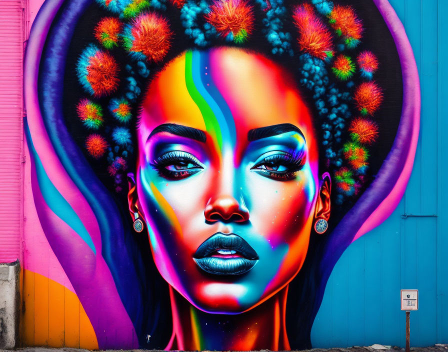 Colorful street art mural featuring woman with floral halo.