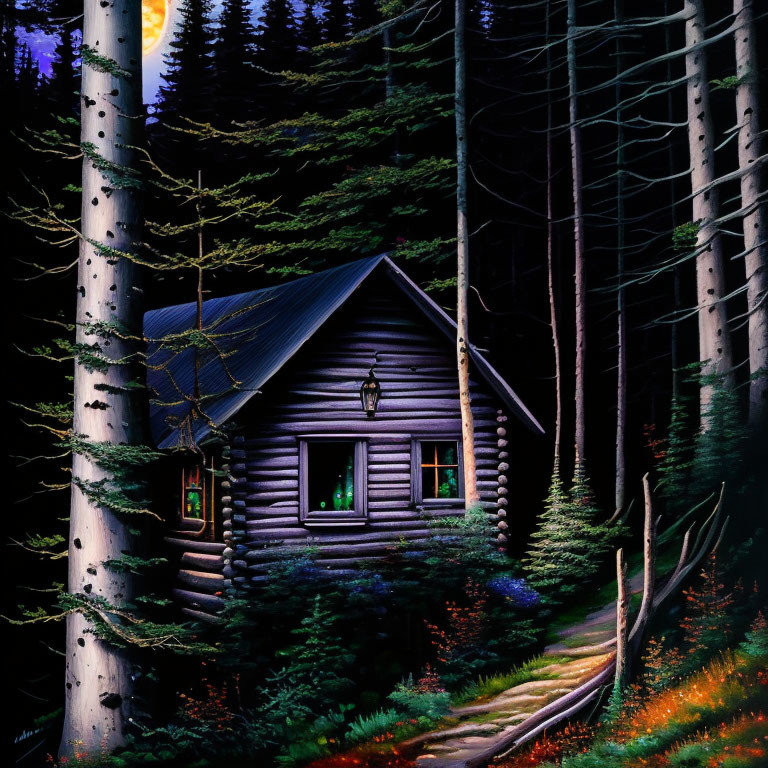 Secluded cabin with glowing windows in dark forest