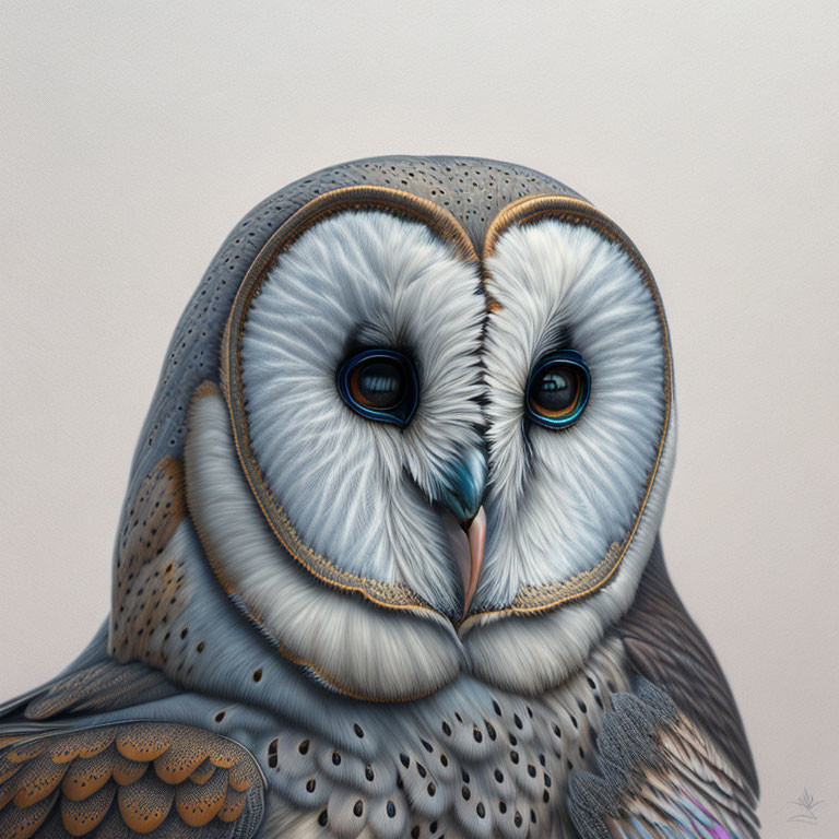 Detailed Hyperrealistic Owl Illustration with Intricate Feathers & Striking Blue Eyes