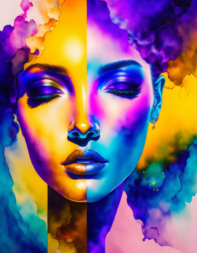 Symmetrical Face Digital Art with Colorful Gradient & Melting Effects