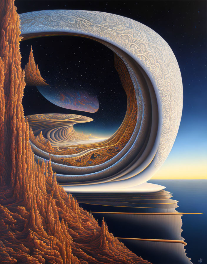 Surreal digital artwork: cosmic swirl above orange mountains