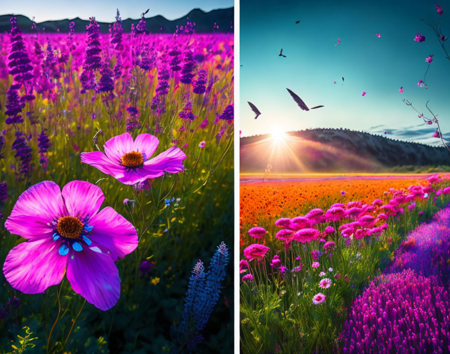 Vibrant flower fields collage with mountains and birds