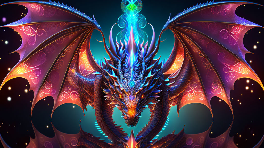 Fantastical dragon with iridescent scales and ornate wings in digital artwork