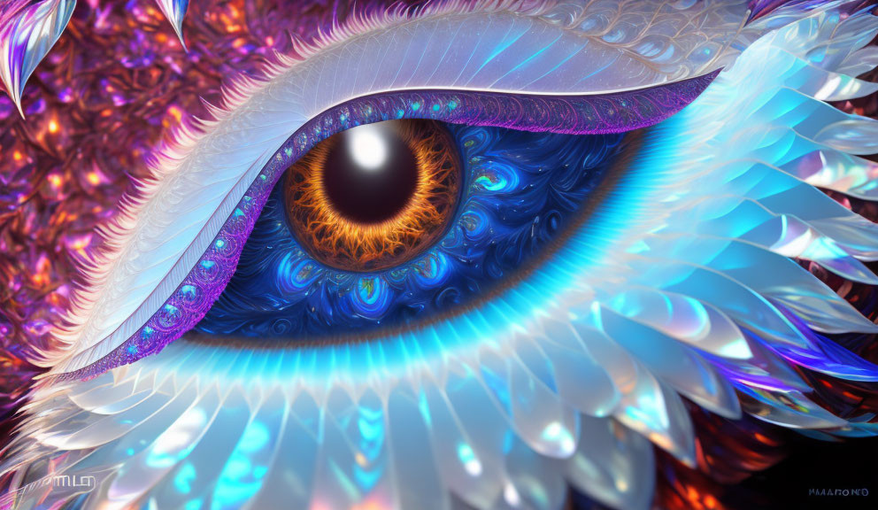 Colorful digital eye artwork with intricate feather details