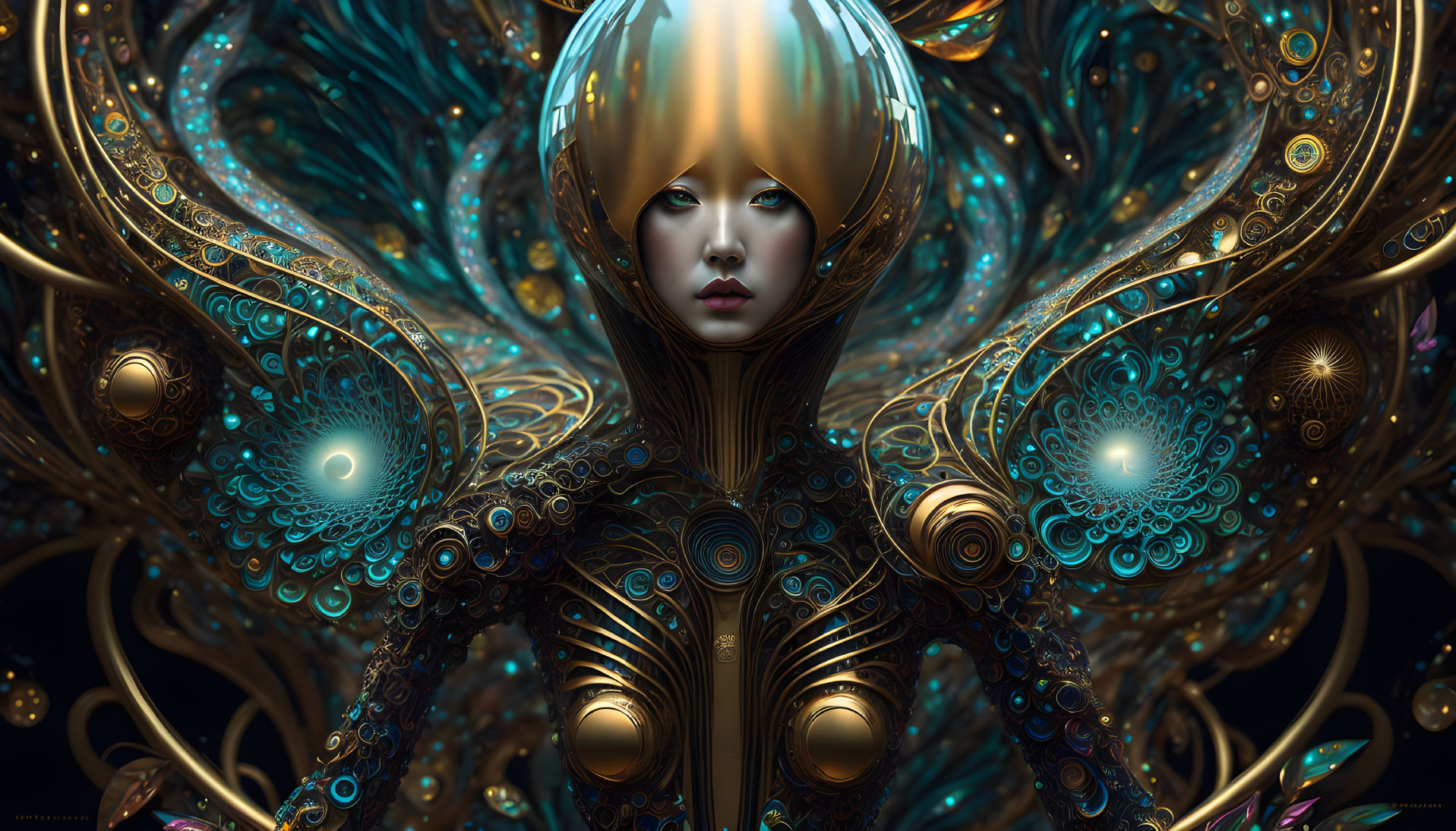 Futuristic female figure with golden headgear and metallic blue patterns on dark background