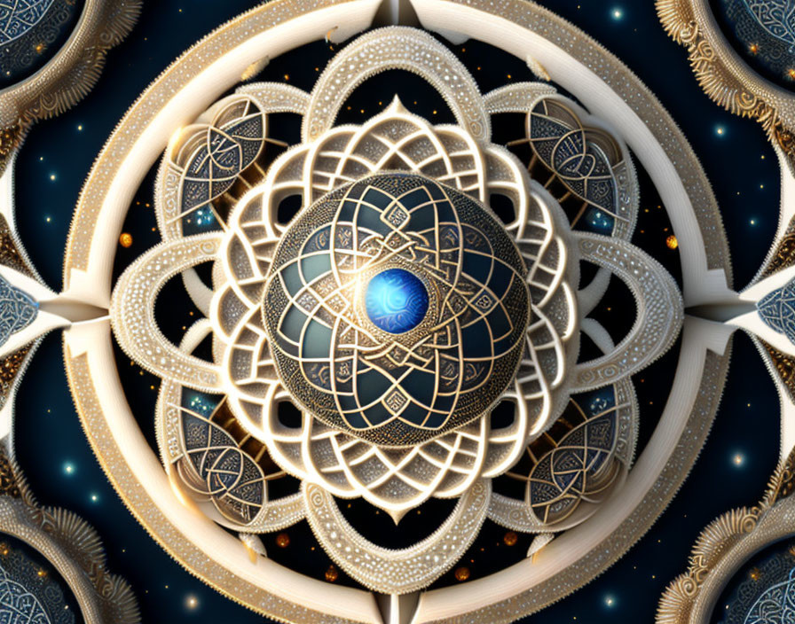 Golden mandala with blue orb on dark starry background