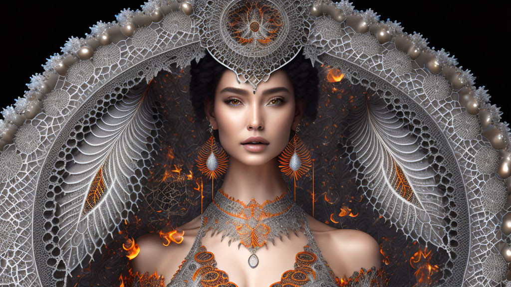 Ornate wing-like headpiece woman portrait on dark background