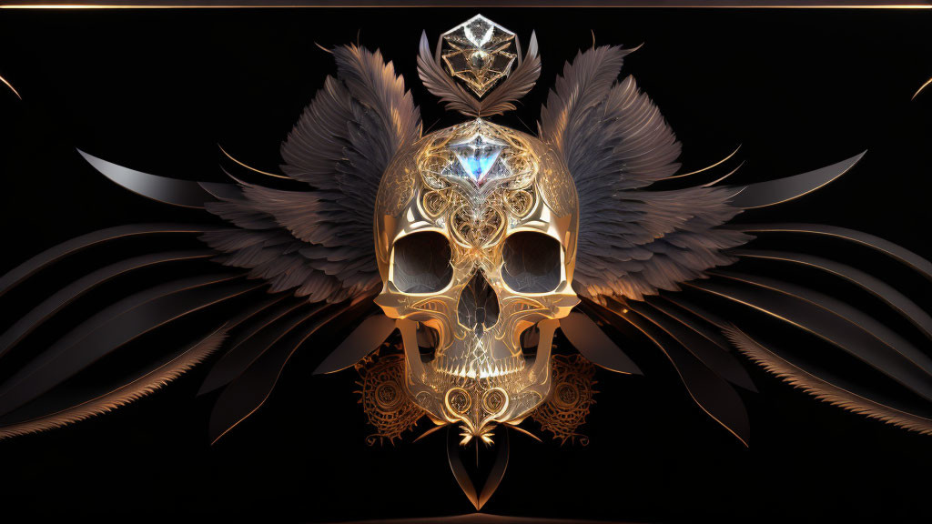 Ornate golden skull with wings, geometric patterns, and glowing diamond