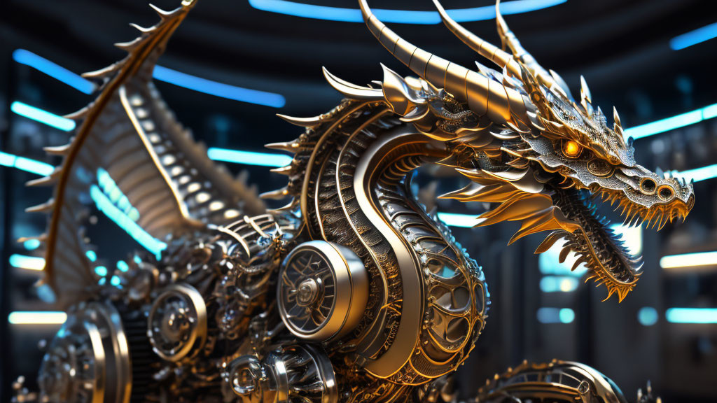 Detailed Metallic Dragon Sculpture with Gears in Futuristic Setting