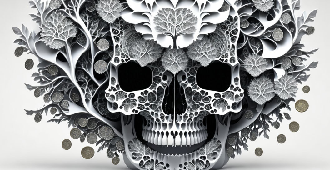 Skull Artwork with Foliage and Coins Symbolism
