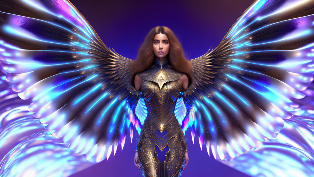 Digital artwork: Woman with luminous wings & ornate armor on purple backdrop