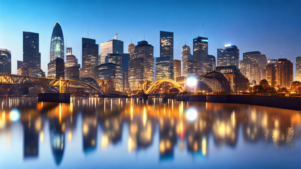 Illuminated city skyline at dusk with modern skyscrapers reflected in calm water