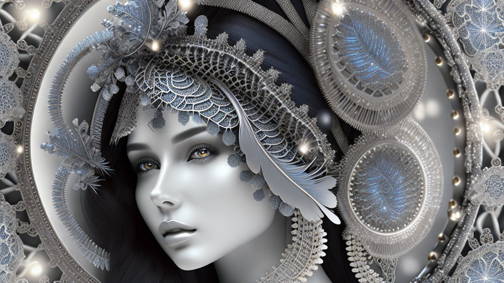 Intricate Metallic Headdress Designs on Woman in Monochromatic Blue and Silver