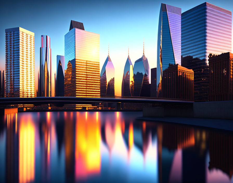 City skyline at sunset with illuminated skyscrapers reflecting on water