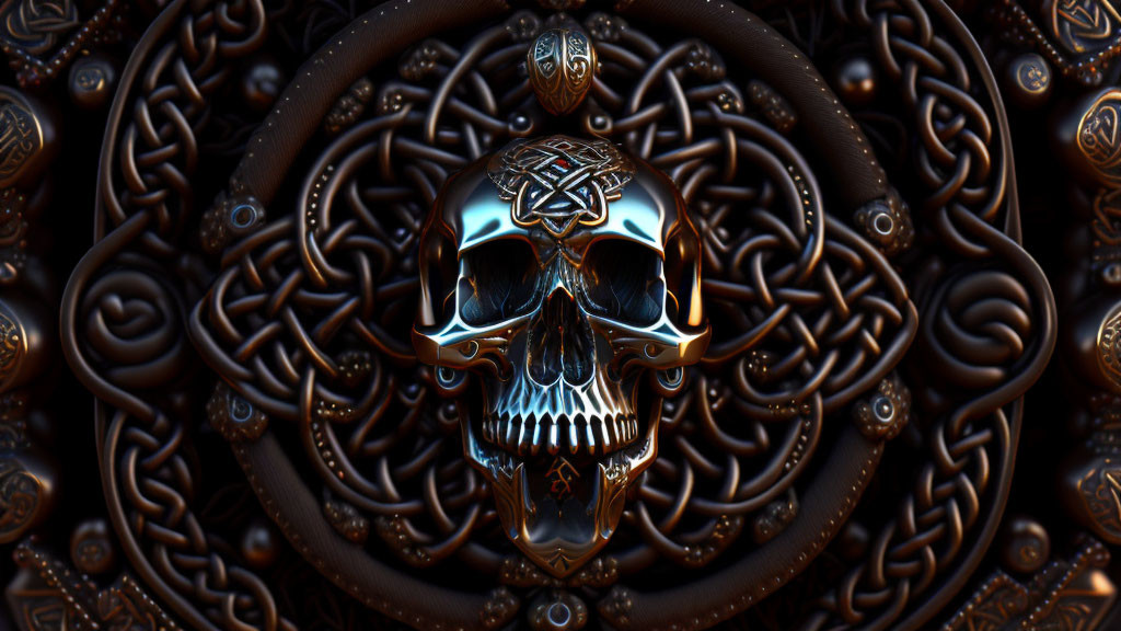 Intricate metallic skull with Celtic tribal art background