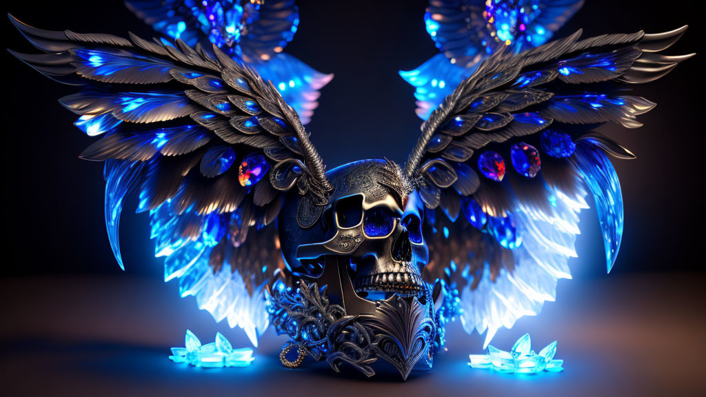 Metallic skull with intricate designs and luminous wings with blue feathers and jewels on dark background