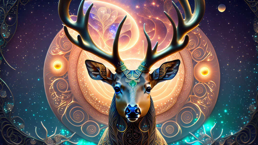 Mystical digital artwork: multi-antlered stag in cosmic setting