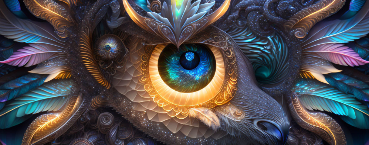 Intricate feather-like design around luminous blue eye