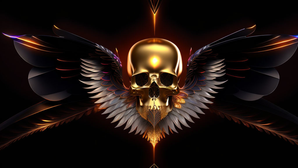 Golden skull with stylized wings in intricate fiery design.