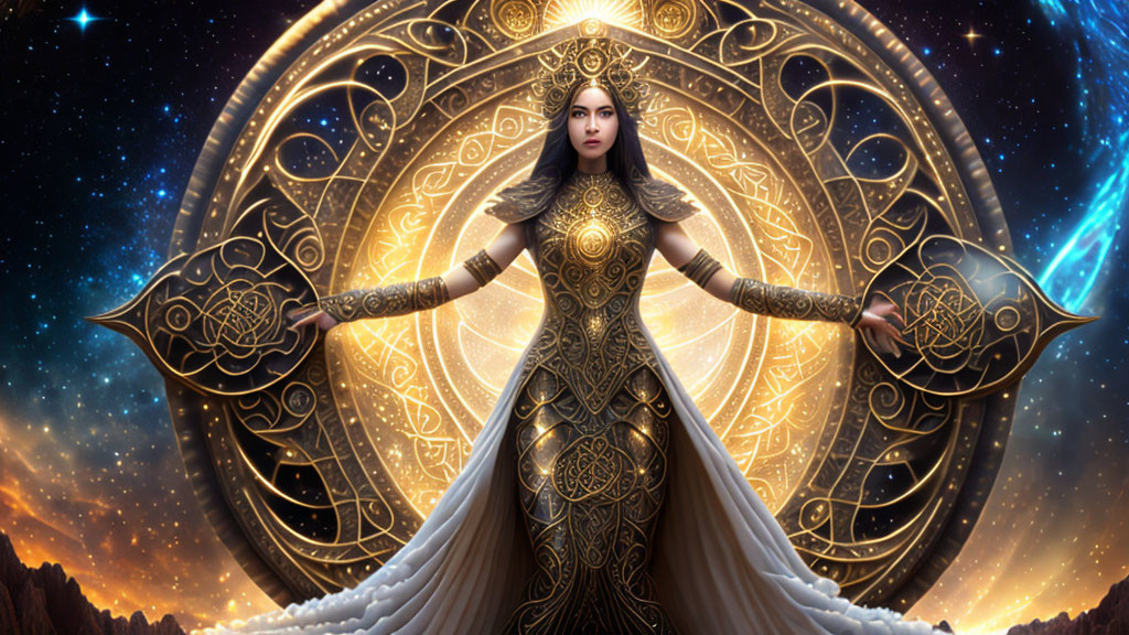 Woman in Golden Armor Wielding Swords Against Cosmic Mandala Backdrop