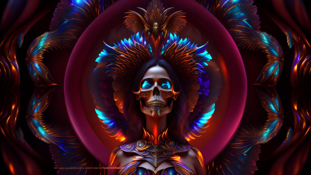 Colorful feathers and skull face paint on person in futuristic armor against ornate backdrop