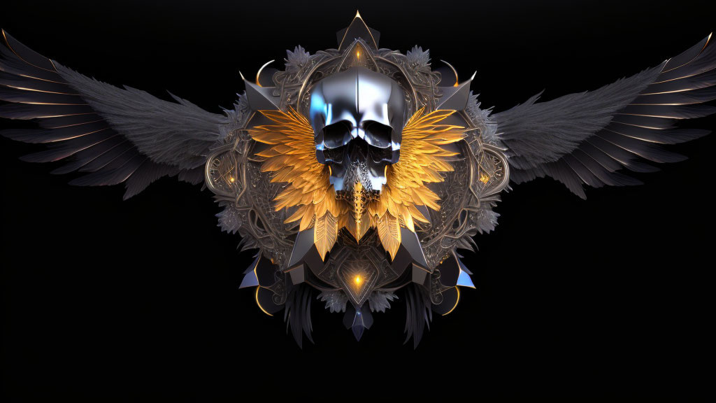 Intricate digital art: Metallic skull with wings on black background