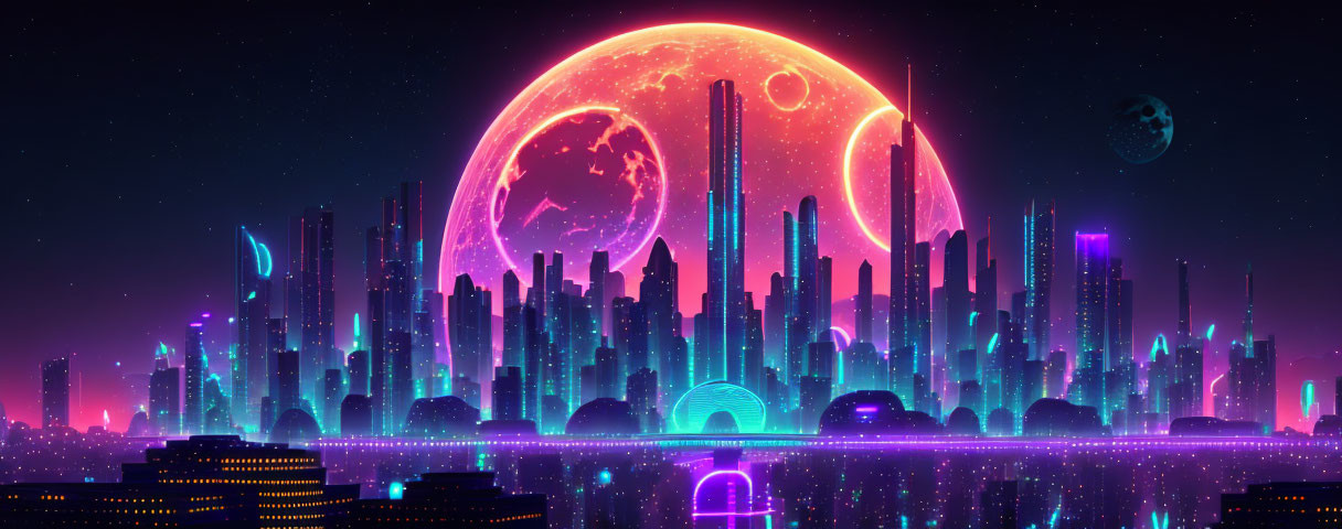 Futuristic city skyline at night with neon lights under a red moon