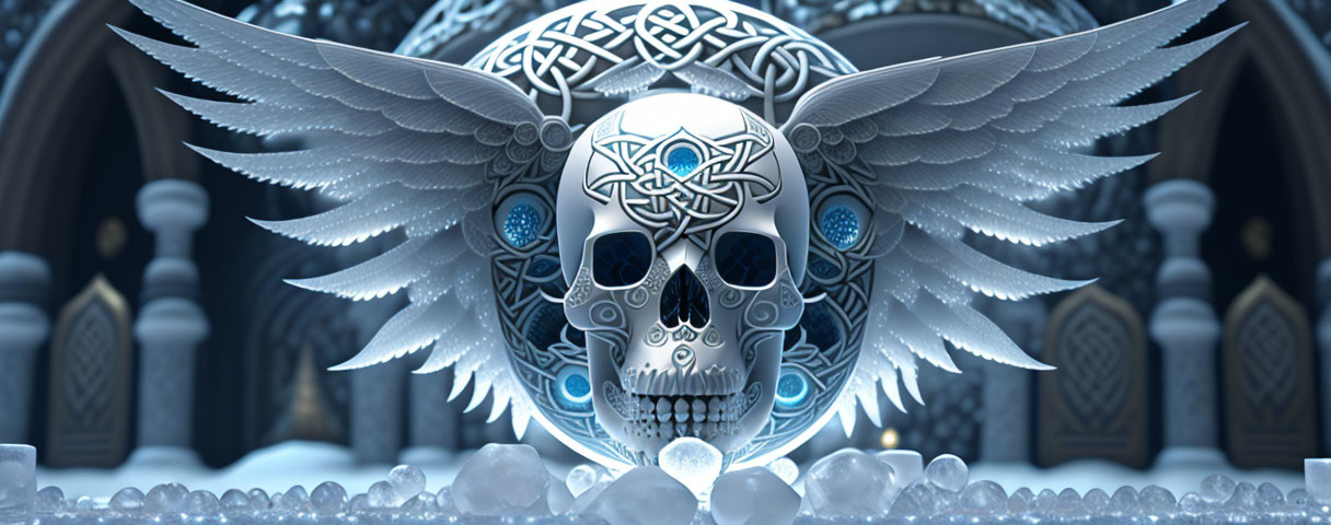 Intricate Celtic skull with wings in icy gothic setting