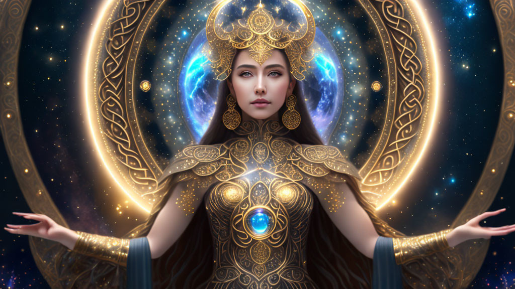 Elaborate golden headgear on mystical woman in cosmic setting