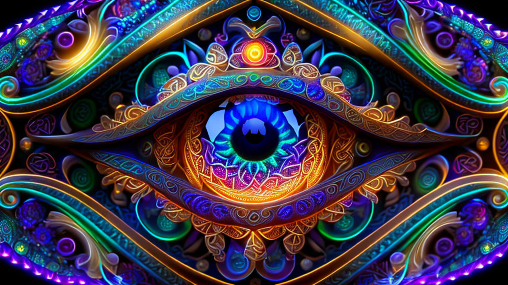 Symmetrical digital art: Intricate eye design with colorful patterns