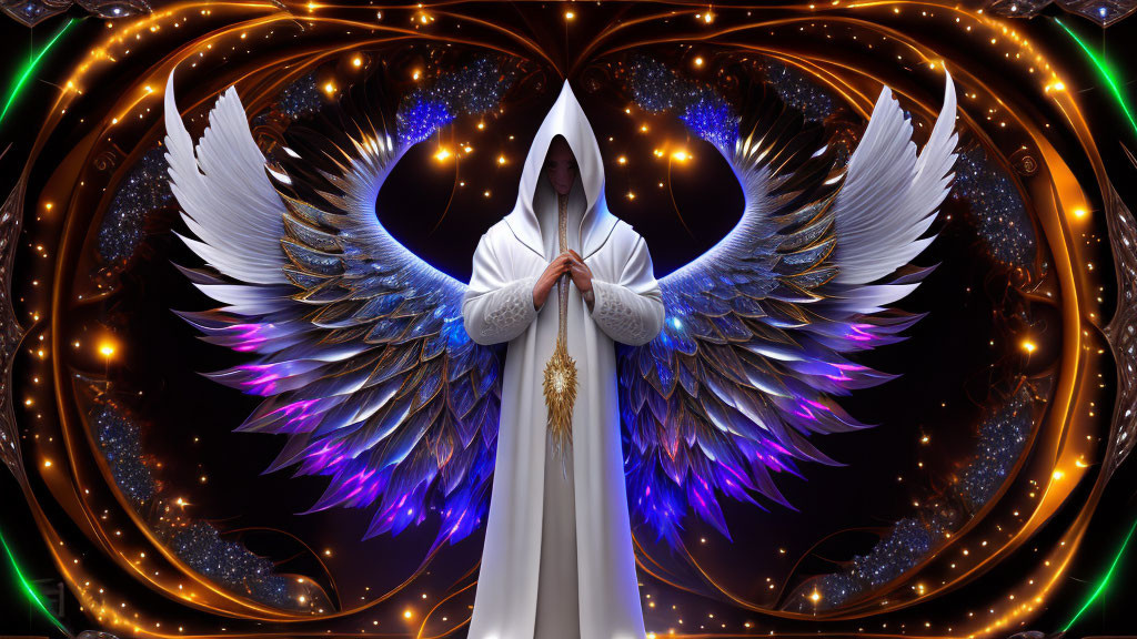 White-robed figure with angel wings in prayer amid cosmic background and ornate patterns