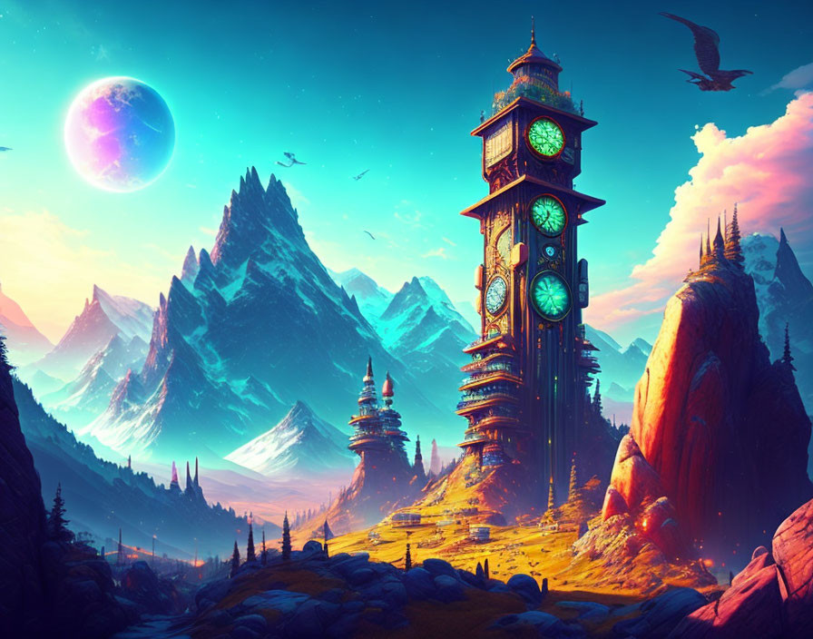 Fantasy landscape with clock tower, pagodas, mountains, moon, and birds