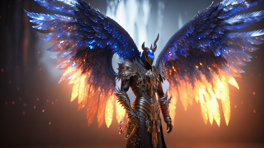 Fantasy character in dark armor with blue fiery wings.