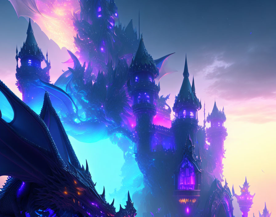 Neon-lit castle with spires under starry sky and dragon.