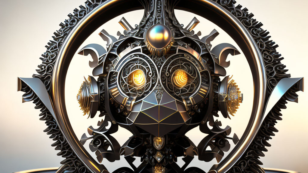 Intricate mechanical owl with glowing eyes in circular frame