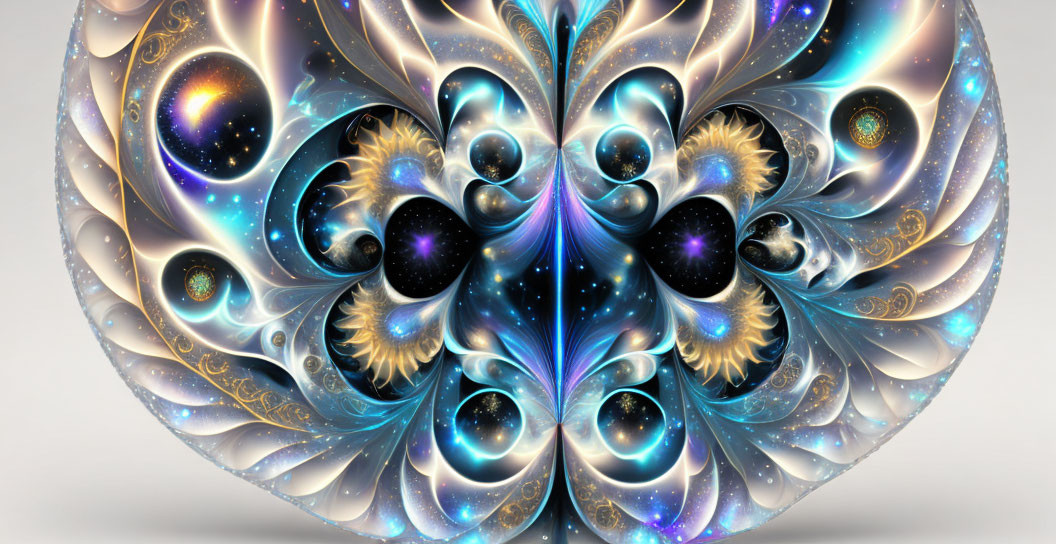 Symmetrical fractal butterfly with cosmic swirls on neutral backdrop