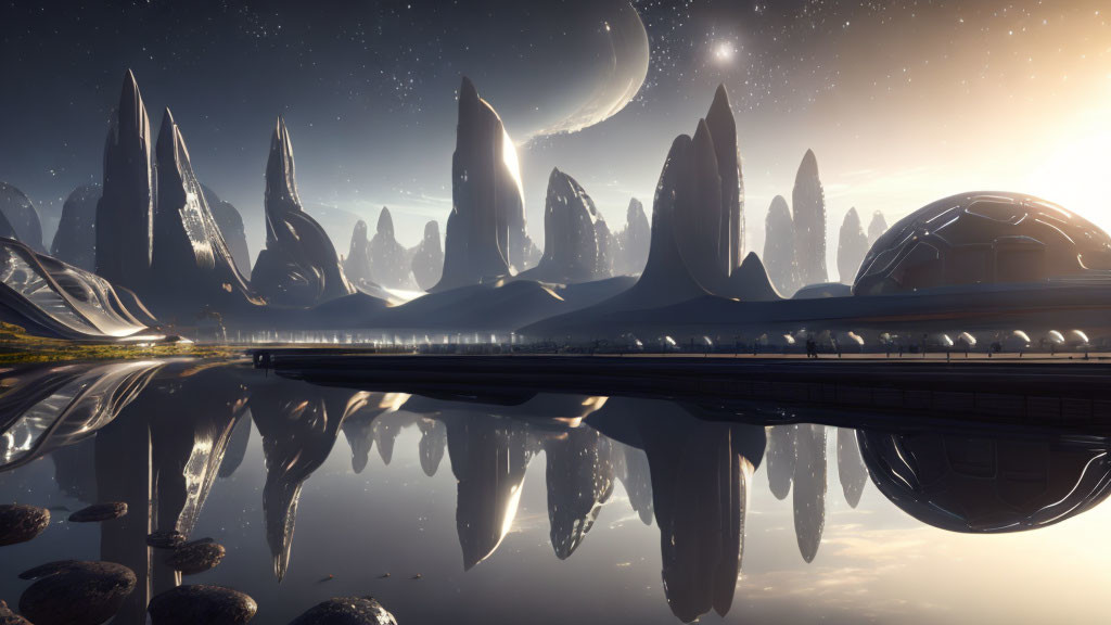 Modern cityscape with reflective water, sleek buildings, train-like pods, and large moon.