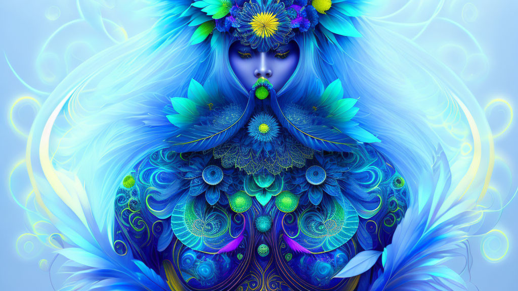 Digital artwork featuring character with blue skin and intricate feather, flower, and peacock patterns