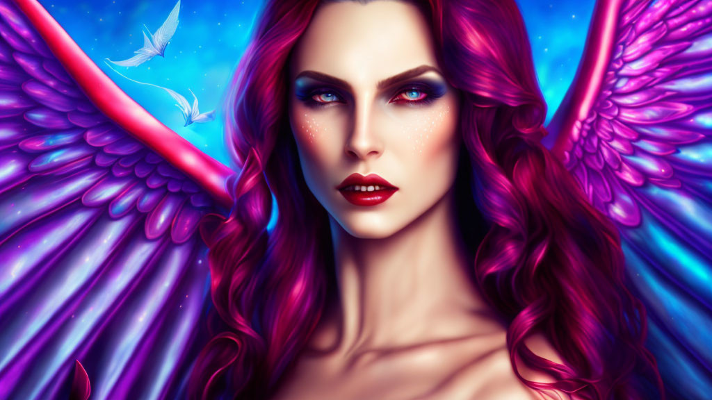Fantasy artwork: Woman with purple wings, crimson hair, blue eyes, birds, blue backdrop