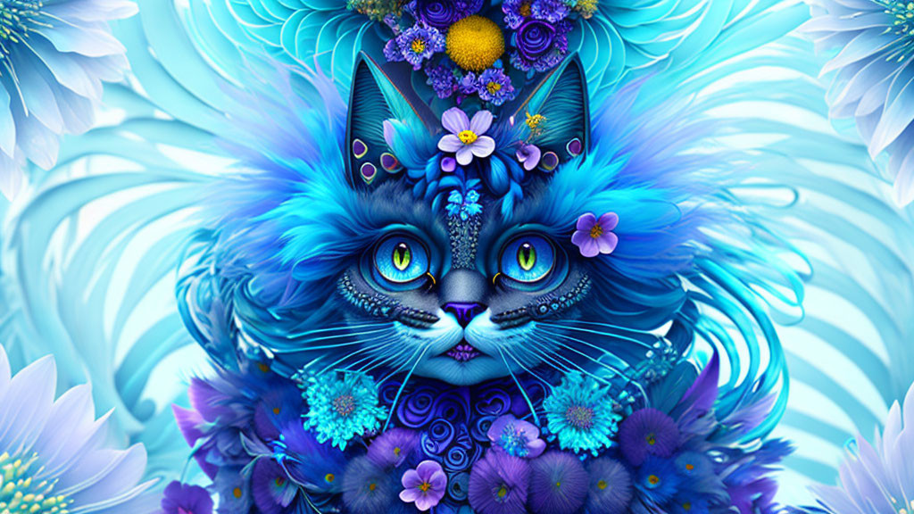 Colorful Digital Artwork: Whimsical Blue Cat with Flowers and Feathers